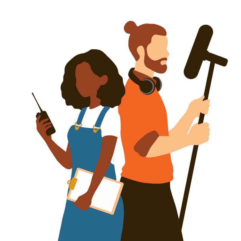 A man and woman at work. The woman is holding a walkie-talkie, the man is holding a boom mic